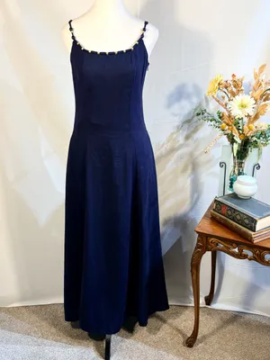 💥Calypso St. Barth Linen Blend Beaded Strap Navy Maxi Dress Sz S🧡 thumbnail 12