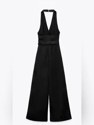 ZARA Jumpsuit Black V Neck Satin Effect Halter Wide Leg S thumbnail 6