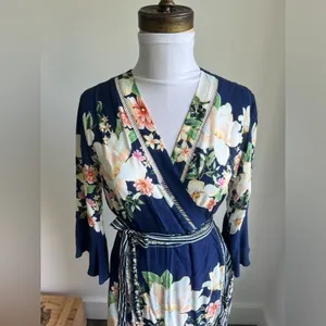 Farm Rio Anthropologie Midnight Flower Wrap Dress Blue Floral Cottage Small thumbnail 7