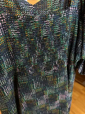 CAbi Elaine Multi Geometric Ruched Neckline,Midi Dress, Puff Sleeves, Smocking thumbnail 8