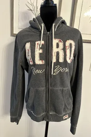 VTG Aeropostale Hoodie Women’s XL Gray AERO New York Full Zip Logo Fleece Y2K thumbnail 1