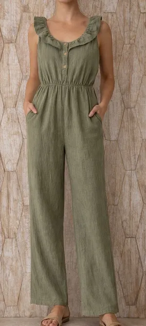 PatPat Women's Size S Ruffle Sleeveless‎ Jumpsuit Pants Green Beach Pockets thumbnail 1