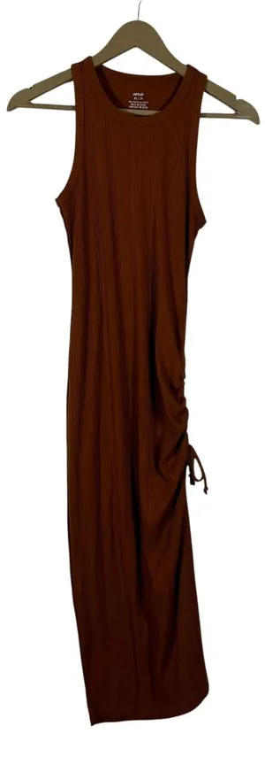 Aerie Ribbed Side Drawstring Bodycon Midi Dress Rust Brown Casual Size XS thumbnail 1