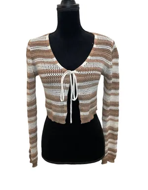 SHEIN brown and white striped tie-front crochet crop cardigan thumbnail 1
