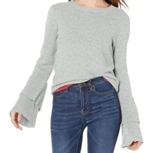 J.Crew Small Sweater Gray Tiered Bell Sleeve Crew Neck Heathered Knit Pullover thumbnail 2