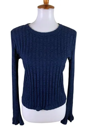 Michael Stars M Navy Ribbed Long Sleeve Top Made USA Y2K Minimalist Coastal thumbnail 1
