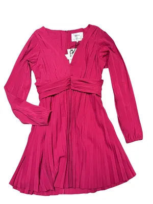NWT Anthropologie Aureta Pleated Long-Sleeve V-Neck Dress – Raspberry – Small thumbnail 1