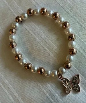 Blush Crush Pearl and Rose Gold Butterfly Charm Stretch Bracelet thumbnail 1