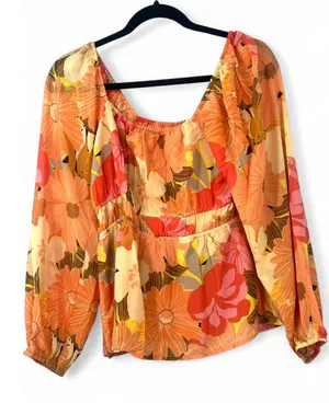 NWT DR2 Daniel Rainn | M | Melon Floral gathered Top Blouse Women's Peasant thumbnail 1