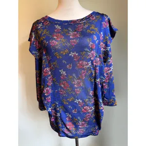 Free People Blue Floral Ruffle boho whimsi‎ dainty cottage top shirt blue Medium thumbnail 3