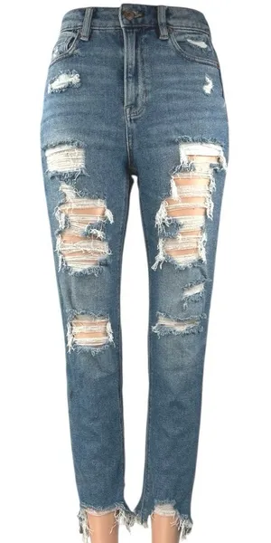 American Eagle Women's Blue Distressed Stretch High Rise Mom Denim Jeans Size 0 thumbnail 1
