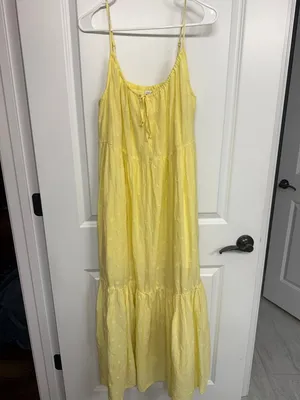 Old Navy Yellow Embroidered Tiered Maxi Dress Pockets Women’s L thumbnail 3