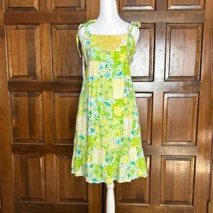 Lilly Pulitzer Patchwork Linen‎ Dress Size 4 Green Yellow Floral Tie Strap Lace thumbnail 2