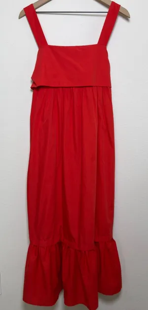 Entro Women Cotton Cottage Midi Dress Large Red‎ Tiered Square Neck Party Event thumbnail 1
