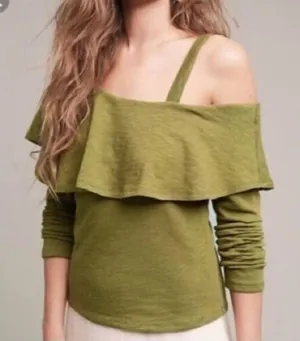 Anthropologie Postmark Olive‎ Green One Shoulder Ruffle Long Sleeve Top Shirt Sm thumbnail 1