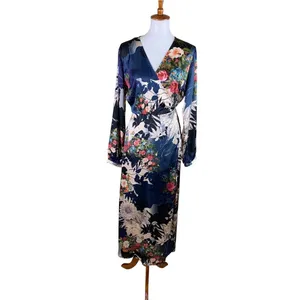 Lulus Navy Floral Long Sleeve Wrap Maxi Dress Romantic Wedding Guest L thumbnail 2