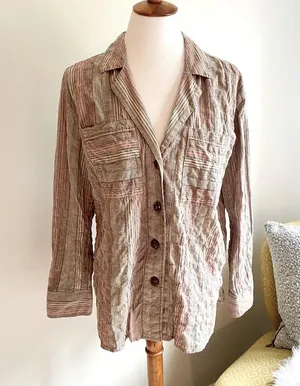 🌻Free People🌻 High Tide Pink Sands Striped Button Down Long Sleeve Shirt thumbnail 1