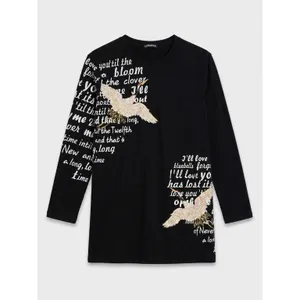 Comaekar Black Graphic‎ T-Shirt Dress Sequin Crane Bird Script Long Sleeve Mini thumbnail 2