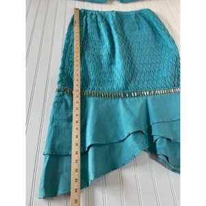 Odeliah Denim Teal Blue Smocked Studded Skirt & Jacket Set Size 16 Vintage Style thumbnail 4