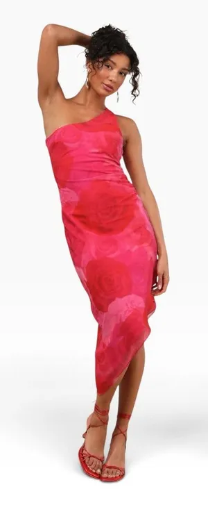 Lulus Pretty Serene Pink Floral One-Shoulder Asymmetrical Midi Dress size XS NWT thumbnail 1