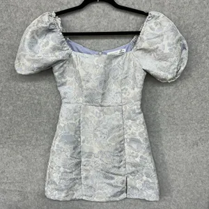 Altar'd State Size XS Blue Ivory Floral Brocade Puff Sleeve Mini Dress thumbnail 1