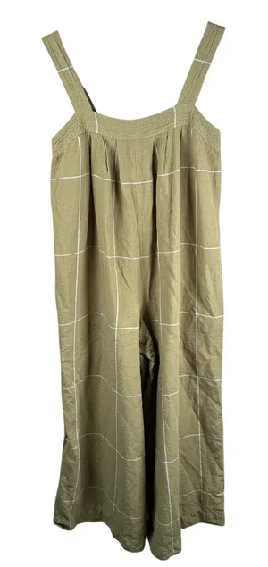 Madewell Superwide-Leg Jumpsuit Womens Size 6 Olive Green Windowpane Linen Blend thumbnail 1