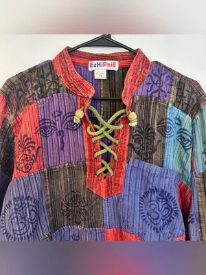 EzHippie Vibrant Stonewashed Patchwork Om/Ganesha Pullover HIppie Top Medium Red thumbnail 3