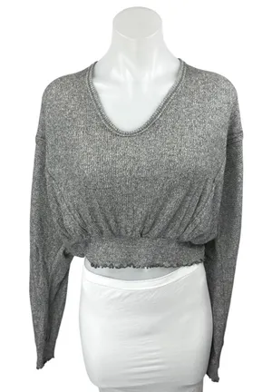 Free People We The Free Gray Long Sleeve Smocked Knit Cropped Sweater Top Size M thumbnail 1