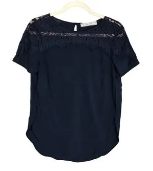 Abercrombie & Fitch Mens Navy Blue Lace Yoke Short Sleeve Blouse‎ Small thumbnail 1