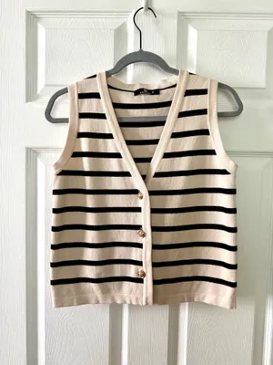 Striped Sweater Button Up Sweater Vest Tan Size XS thumbnail 6