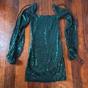 Lucy In The Sky‎ Emerald Green Sequin Balloon Sleeve Mini Dress Small Tie Back thumbnail 1