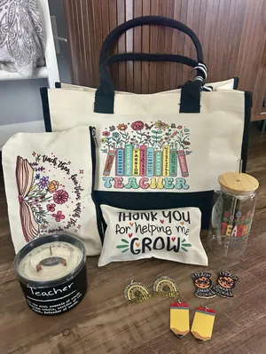 Teacher Appreciation Gifts Bundle W/Canvas Tote, Accessories, Earrings, Candle thumbnail 1