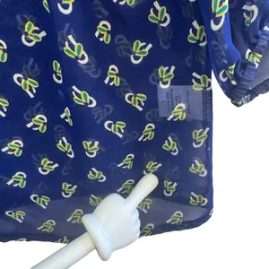 DLEIONE Sheer Bow Print Blouse‎ Blue Tie Neck Long Sleeve L Made in USA thumbnail 7