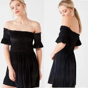 Urban Outfitters Clara Off-The-Shoulder Smocked Velvet Dress in Black thumbnail 4