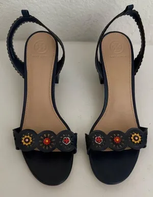 TORY BURCH Marguerite Perforated Floral Navy Blue Slingback Block Heel Sandal 10 thumbnail 1