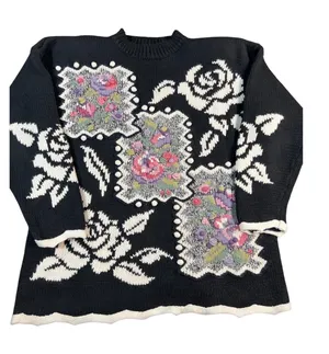 Vtg 90s Grandma Sweater L Black‎ Floral Ramie Cotton Textured Patchwork Cottage thumbnail 1