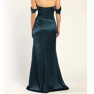 NEW Lulus Stunning Arrival Dark Teal Satin Off-the-Shoulder Maxi Gown Dress thumbnail 4