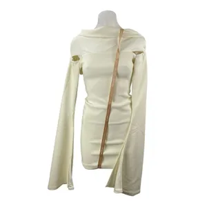 Meshki Cream Long Bell Sleeve Off The Shoulder Cutout Mini Bodycon Dress Sz XXS thumbnail 2