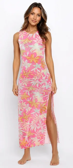 Derek Heart Pink Tropical Floral Swim Cover Up Dress Sz Small Side Tie Slits thumbnail 1