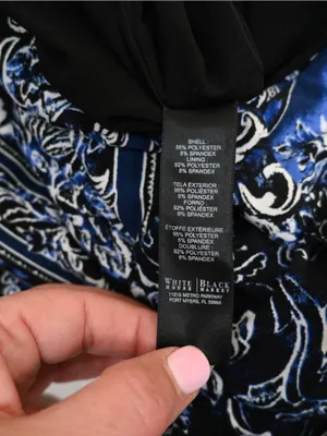 WHBM Women's XS Blue Black Blouson Patterned Keyhole Belted Mini Dress thumbnail 11