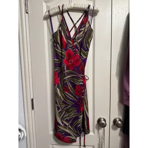 Vintage Express‎ Tropical Floral Wrap Mini Dress Y2K Resort Summer Hibiscus 5/6 thumbnail 3