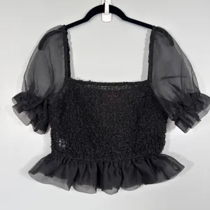 STAUD Cannon Organza Smocked Puff Sleeve Crop Top Black Size Small thumbnail 2