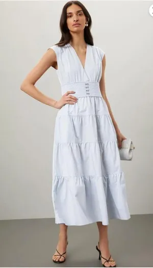 Derek Lam Light Blue Poplin V-Neck Tiered Midi Dress EUC US Size 4 MSRP $398 thumbnail 1