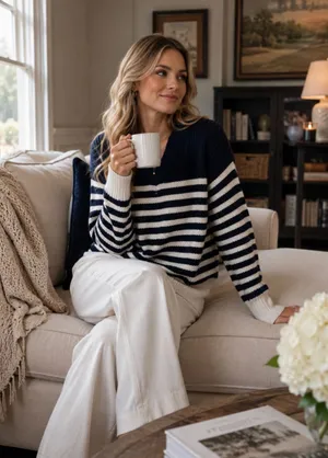 Women's J.Crew Striped V-Neck Sweater, Size M, Black and Beige thumbnail 1