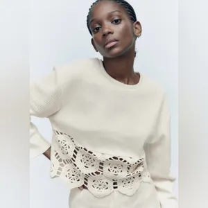ZARA Beige Ecru Crocheted‎ Long Sleeve Sweater Sweatshirt Top Shirt Size Small thumbnail 3