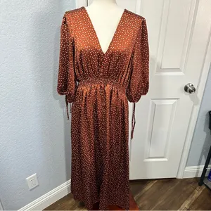 Taylor Rust Polka Dot Midi Dress Size 16 V-Neck Smocked Boho Chic thumbnail 3