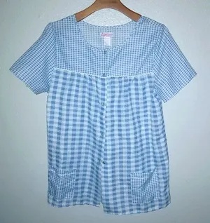 Tati Fashion M Blue Checked Snap Front Short Sleeved Pocketed House Coat thumbnail 1