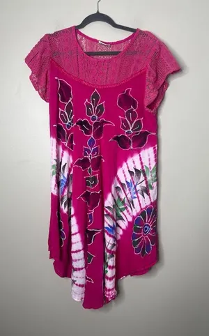 Pepper‎ Free Size Pink Dress Asymmetric Floral Tie Dye Lace Beachy Boho Hippie thumbnail 1