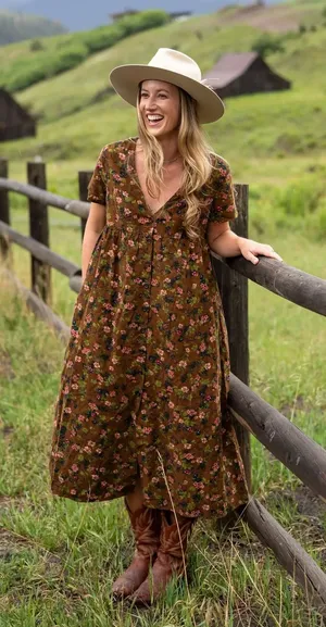 Natural Life Avery Corduroy Floral Midi Dress Brown EarthyTones Size Large thumbnail 1