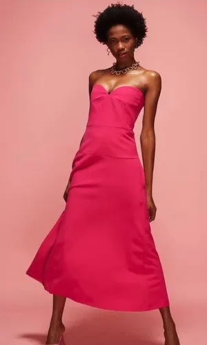 Zara Strapless Midi Dress in Vibrant Pink thumbnail 1